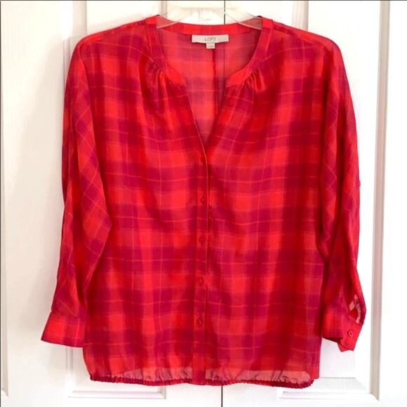 LOFT Blouse Top V-Neck Sheer Purple Orange Plaid Blouse Top Size Small - Picture 4 of 10